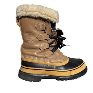 SOREL Caribou Tan Leather Black Rubber Insulated Winter Snow Boots Womens 6